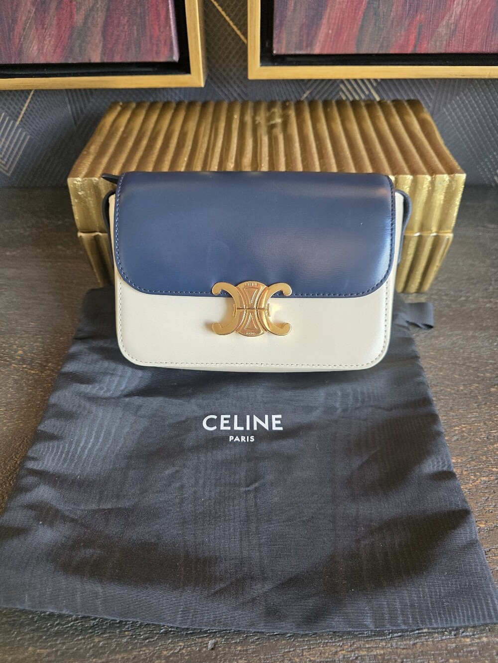 Rare Two-tone Celine Nano Triomphe Crossbody Bag In Calfskin Leather